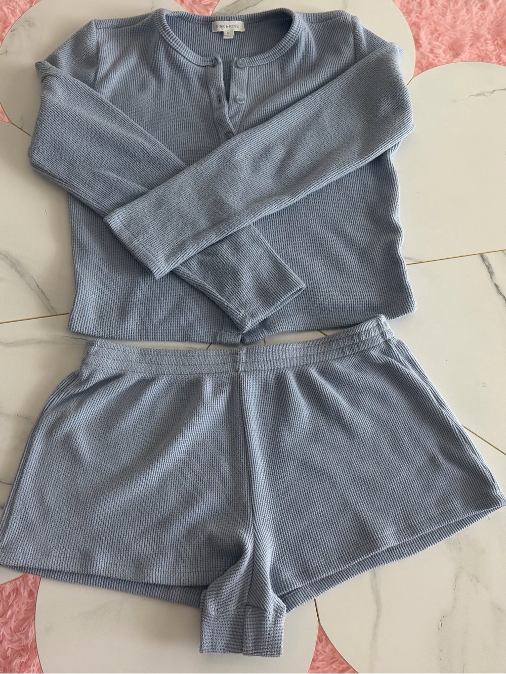 Pink Rose Light Blue Ribbed Two-Piece Lounge Set